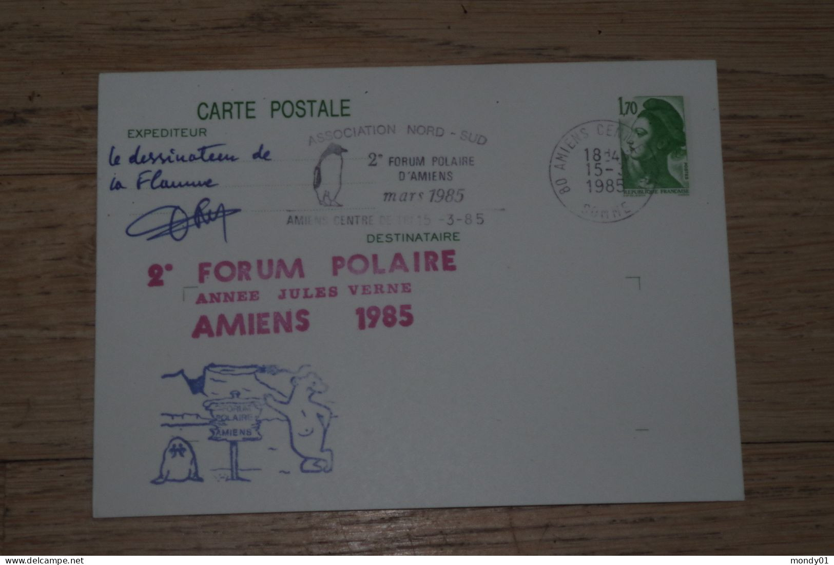 7-176 Entier Postal  Ours Polaire Polar Bear Famme Manchot Pingouin Penguin  Amiens 1985 Pole Nord Sud Taaf Jules Verne - Schützen Wir Die Polarregionen Und Gletscher