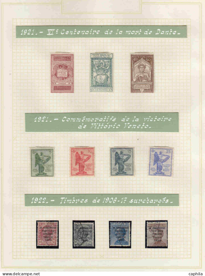 - ITALIE, 1905/1952, X, n° 75/643 + PA 1/134 (sf 25+48/51) + Exp 1/37 + S1/14 + T 20/40 + CP, en album - Cote : 14800 €