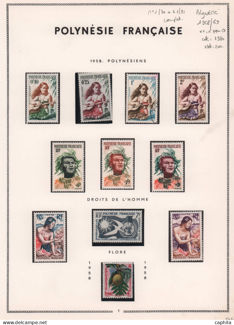 - POLYNESIE, 1958/1969, XX, X, O, N°1/70 + A1/31, Sur Feuilles Moc, En Pochette - Cote : 1380 € - Collections, Lots & Séries