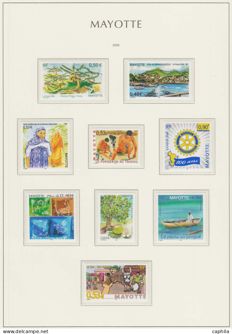 - MAYOTTE, 1997/2011, XX, n° 32/265 (sauf 160A) + A 1/6 + Bf 1/6, sur feuilles Leuchtturm, en pochette - Cote : 665 €