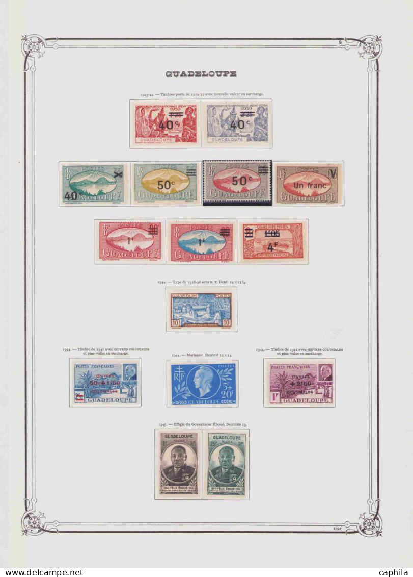 - GUADELOUPE, 1884/1947, X, n° 1/213 (sf 13 + 50/4) + Pa 1/15 + T 6/50 + Bf 1, sur feuilles Yvert - Cote : 4170 €