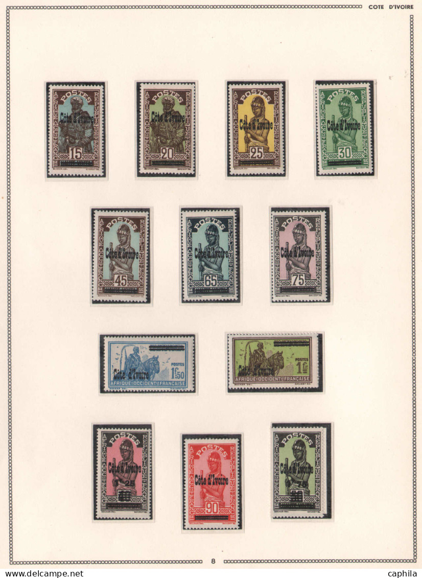 - COTE D'IVOIRE, 1892/1944, XX, qques gommes coloniales, sur feuilles MOC en pochette, cote Maury: 1400 €