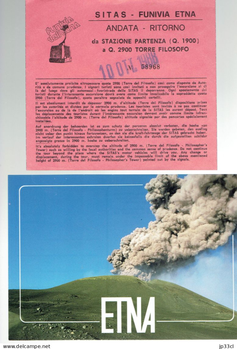 Téléphérique De L'Etna (Funivia Etna) : Ancien Billet Aller/retour (Andata - Ritorno) + Belle CP Vierge Du Volcan (1988) - Europa