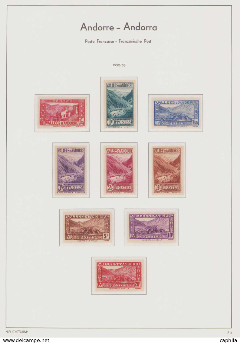 - ANDORRE, 1931/1990, X, Quelques XX, Sur Feuilles Leuchtturm, N°1/399 + PA 1/8 + T 1/62 + BF 1, En Pochette - Cote : 48 - Collections