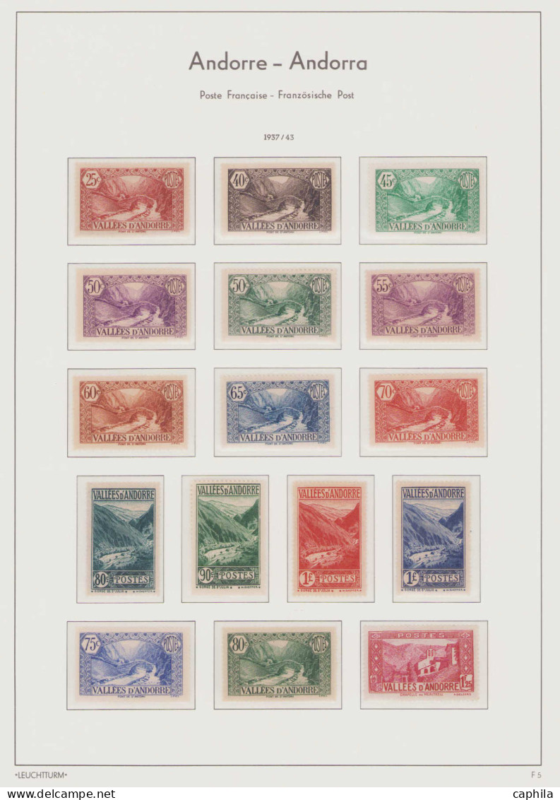 - ANDORRE, 1931/1990, X, Quelques XX, Sur Feuilles Leuchtturm, N°1/399 + PA 1/8 + T 1/62 + BF 1, En Pochette - Cote : 48 - Collections