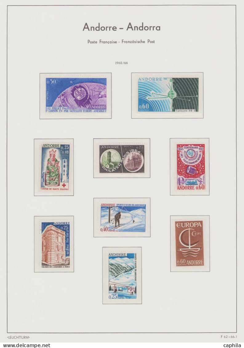 - ANDORRE, 1931/1990, X, quelques XX, sur feuilles Leuchtturm, n°1/399 + PA 1/8 + T 1/62 + BF 1, en pochette - Cote : 48