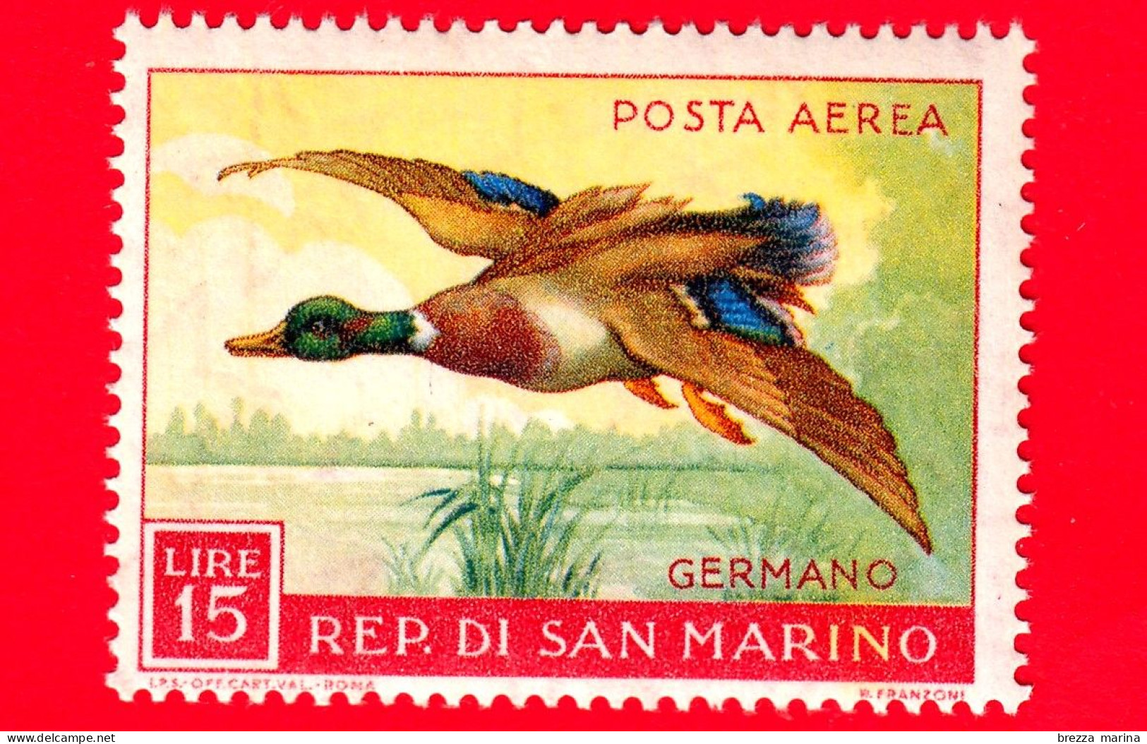 Nuovo - MNH - SAN MARINO - 1959 - Fauna Avicola - 1ª Emissione - Uccelli - Birds - POSTA AEREA - Germano - 15 - Poste Aérienne