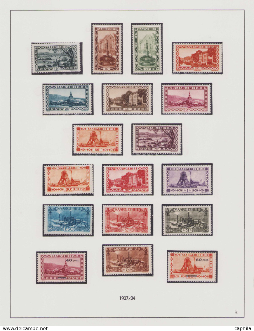 - SARRE, 1920/1934, X, n°1/195 (sauf 1A/17c) + PA 1/8 + S 1/15, sur feuilles Lindner, en pochette - Cote : 6300 €