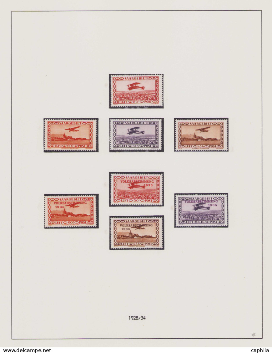 - SARRE, 1920/1934, X, n°1/195 (sauf 1A/17c) + PA 1/8 + S 1/15, sur feuilles Lindner, en pochette - Cote : 6300 €
