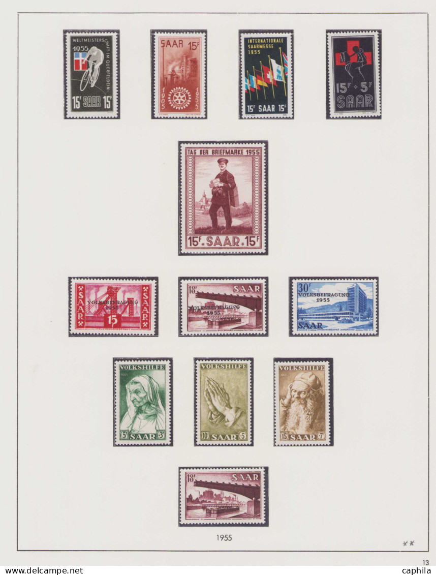 - SARRE, 1947/1959, XX, n°196/430 + PA 9/13 + BF 1/2 + T 27/38, sur feuilles Lindner, en pochette - Cote : 3400 €