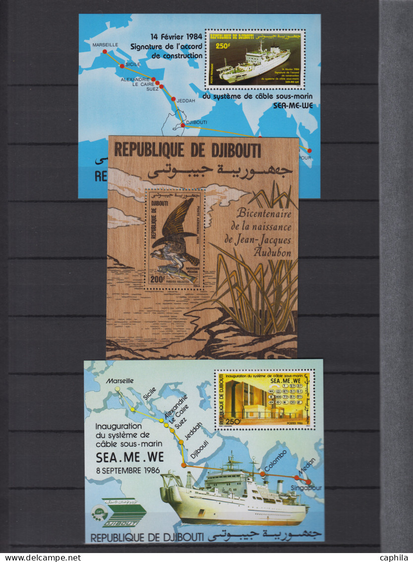 - DJIBOUTI, 1977/1993, XX, n°445/702 (sauf 663A/D - 691A - 692A) + PA 112/248 + BF 2/9 + T5, en pochette - Cote : 1400 €