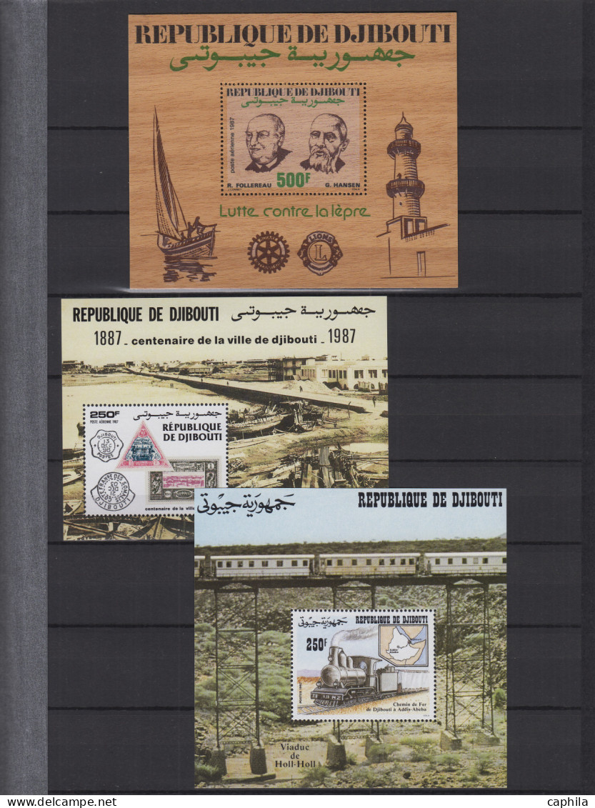 - DJIBOUTI, 1977/1993, XX, n°445/702 (sauf 663A/D - 691A - 692A) + PA 112/248 + BF 2/9 + T5, en pochette - Cote : 1400 €