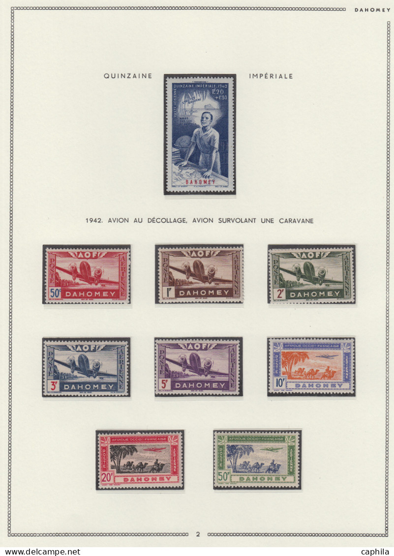 - DAHOMEY, 1899/1944, X, n°1/154 (sauf 41) + PA 1/17 + BF 1 + T 1/31, sur feuilles Moc, en pochette - Cote : 2150 €