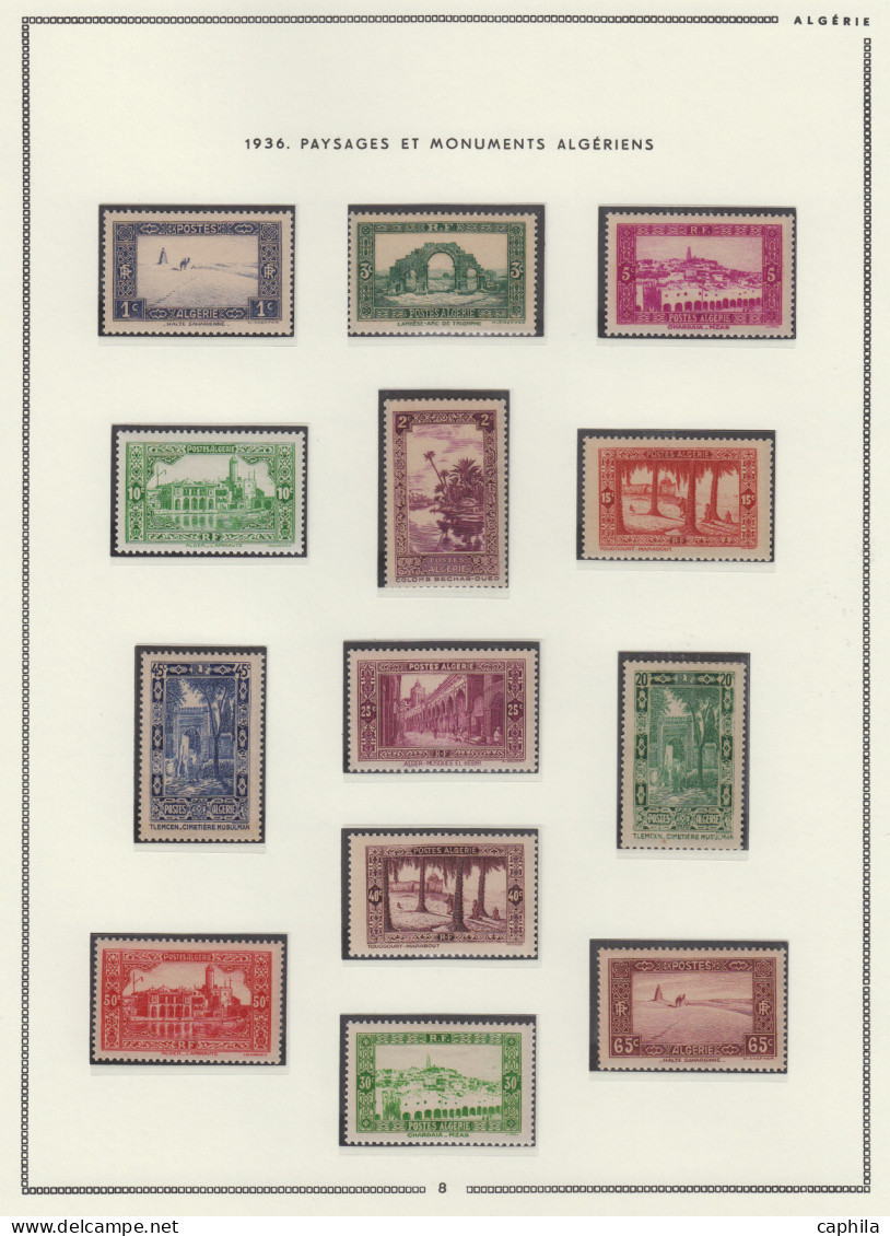 - ALGÉRIE, 1924/1958, XX, n°1/353 (sauf 137A) + PA 1/14 (dont 4A) + T 1A/48 + Préo 1/19 + TT 1/2, sur feuilles Moc, en p