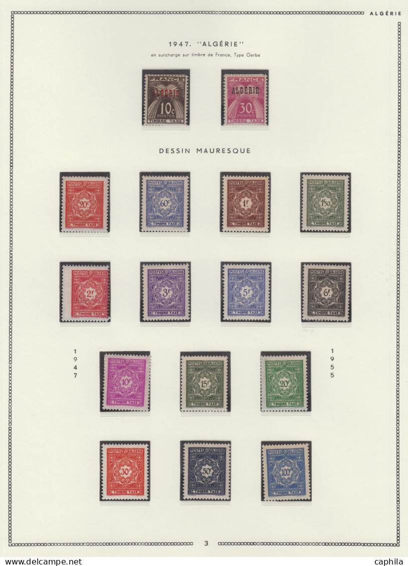 - ALGÉRIE, 1924/1958, XX, n°1/353 (sauf 137A) + PA 1/14 (dont 4A) + T 1A/48 + Préo 1/19 + TT 1/2, sur feuilles Moc, en p