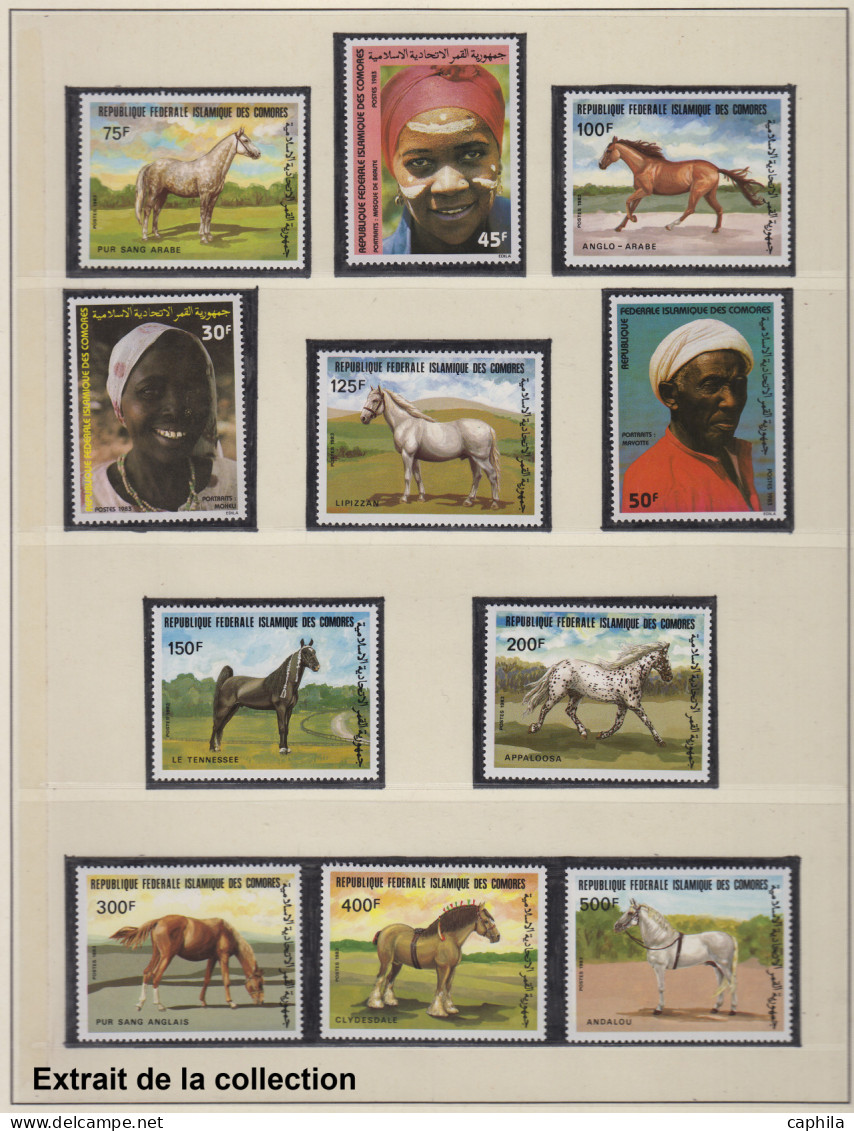 - COMORES, 1975/1999, XX, n°105/878 (sauf 156/7 - 596A/AB) + PA 68/309 + BF 1A/7B + S + T, en 3 albums Lindner