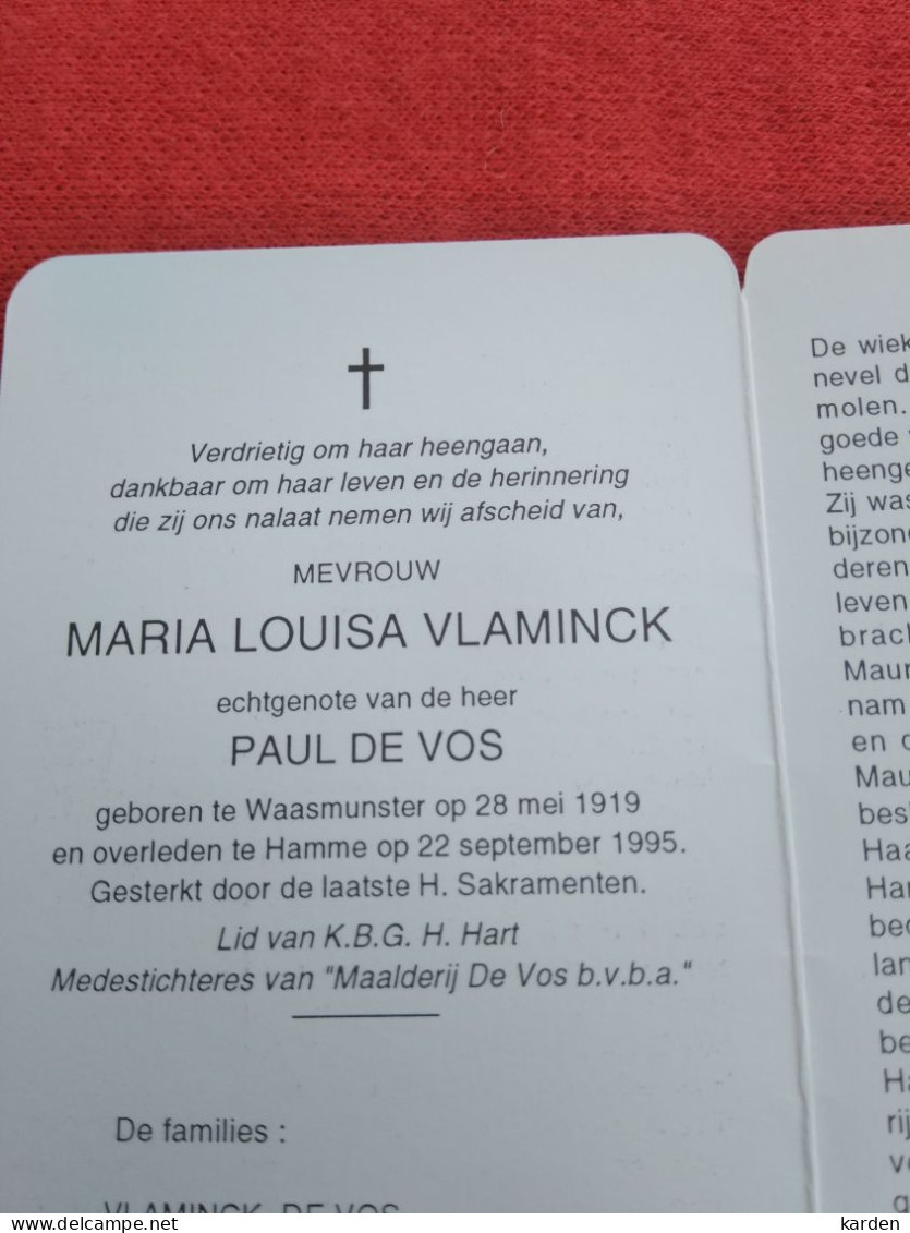 Doodsprentje Marie Louise Vlaminck / Waasmunster 28/5/1919 Hamme 22/9/1995 ( Paul De Vos ) - Religión & Esoterismo