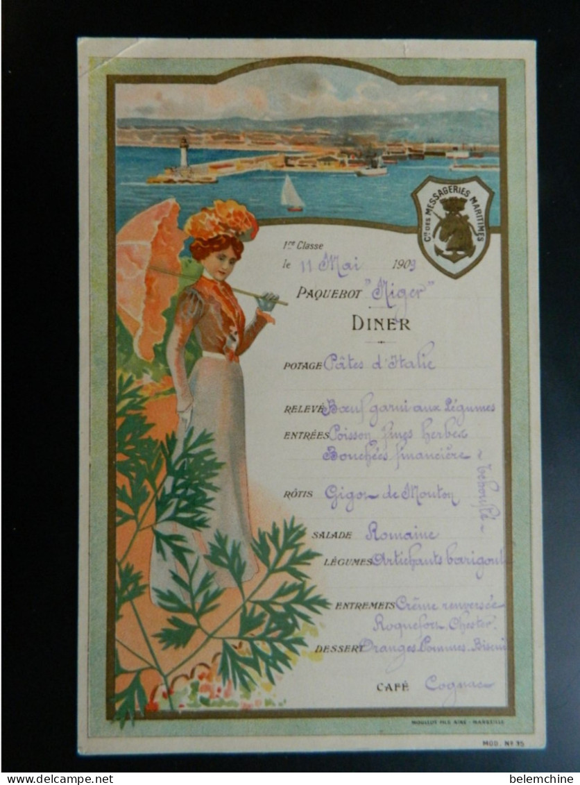 SUPERBE MENU  DU PAQUEBOT NIGER  COMPAGNIE DES MESSAGERIES MARITIMES DU 11 MAI 1909 - Menus