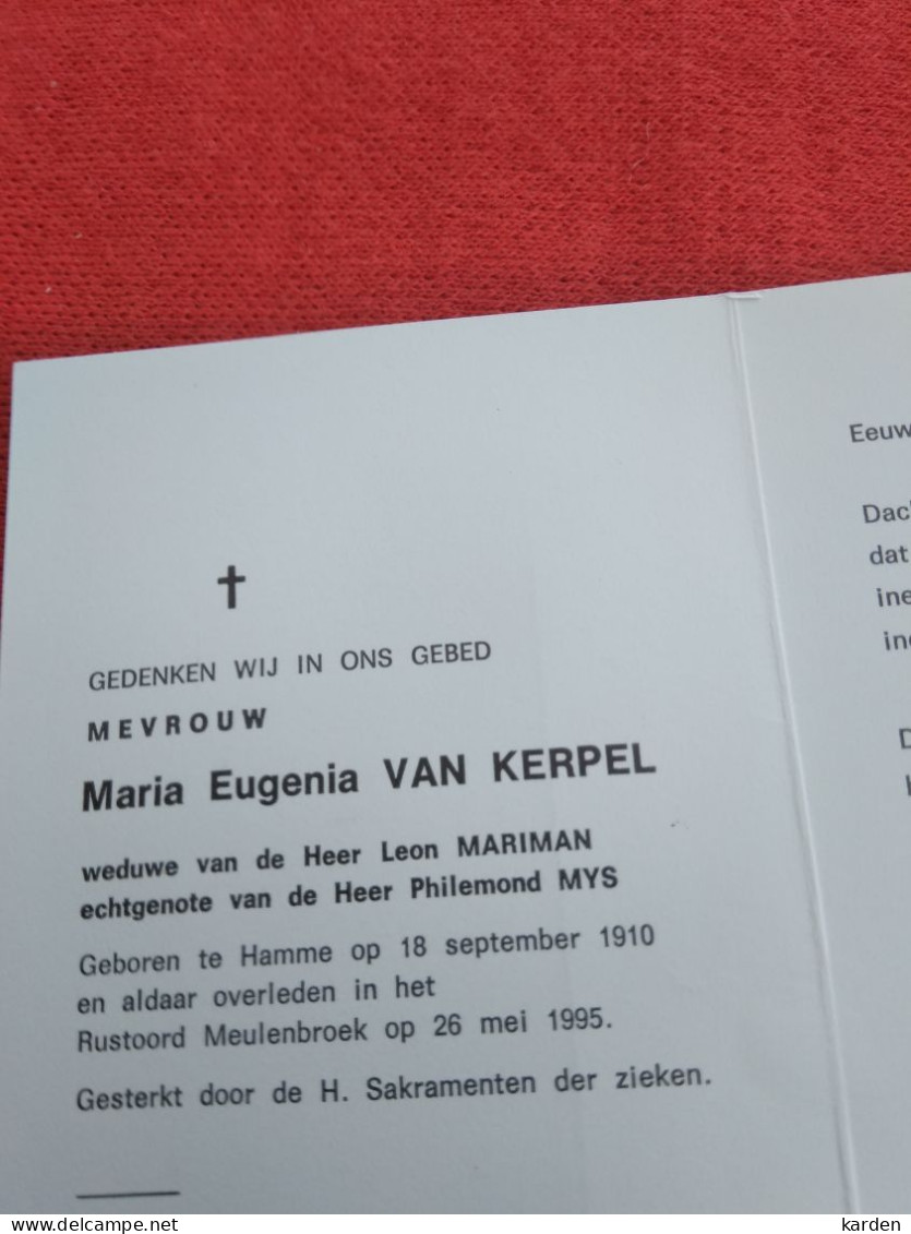 Doodsprentje Maria Eugenia Van Kerpel / Hamme 18/9/1910 - 26/5/1995 ( Leon Mariman / Philemond Mys ) - Religión & Esoterismo