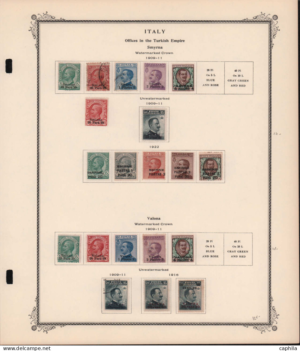 - LEVANT ITALIEN, 1874/1924, X, Obl, sur feuilles Scott, en pochette, cote Sassone: 3680 €