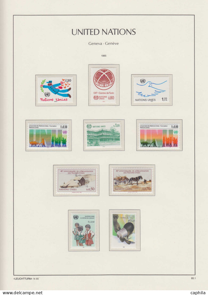 - NATIONS-UNIES GENEVE, 1969/2005, XX, n° 1/540 + Bf 1/18 dont carnets prestiges, en album Leuchtturm - Cote : 1400 €