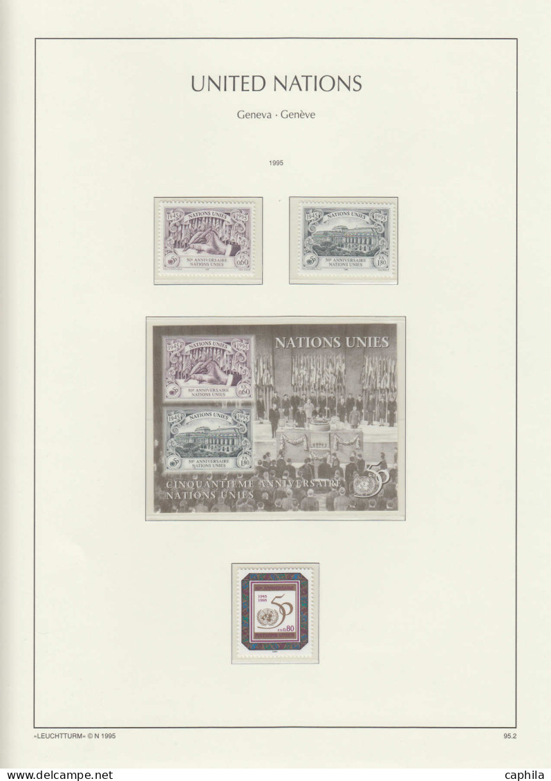 - NATIONS-UNIES GENEVE, 1969/2005, XX, n° 1/540 + Bf 1/18 dont carnets prestiges, en album Leuchtturm - Cote : 1400 €