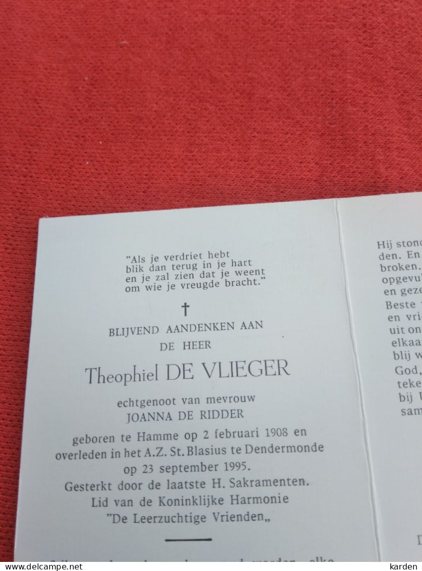 Doodsprentje Theophiel De Vlieger / Hamme 2/2/1908 Dendermonde 23/9/1995 ( Joanna De Ridder ) - Religión & Esoterismo