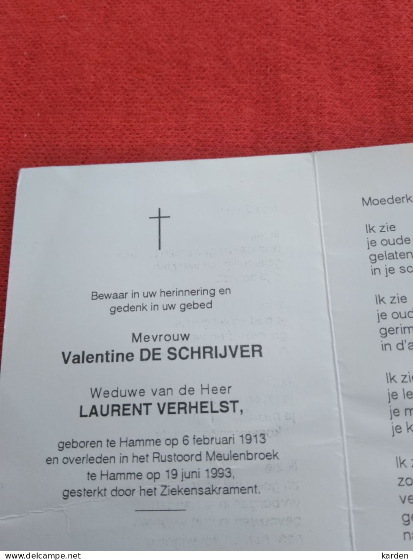 Doodsprentje Valentine De Schrijver / Hamme 6/2/1913 - 19/6/1993 ( Laurent Verhelst ) - Godsdienst & Esoterisme
