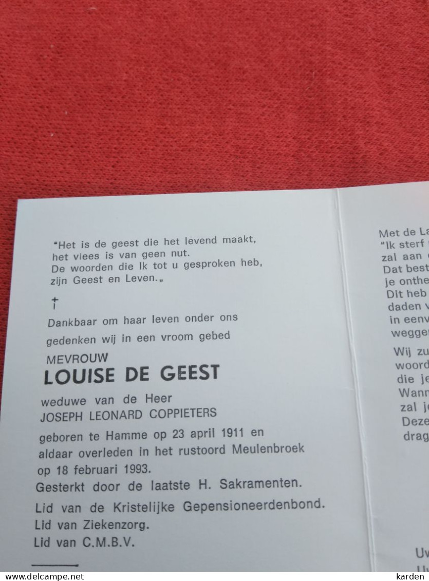 Doodsprentje Louise De Geest / Hamme 23/4/1911 - 18/2/1993 ( Joseph Leonard Coppieters ) - Religion & Esotérisme