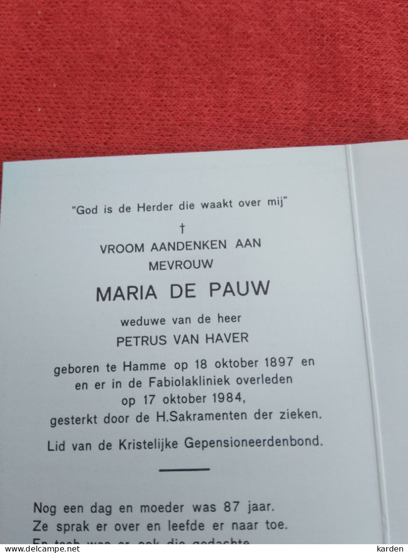 Doodsprentje Maria De Pauw / Hamme 18/10/1897 - 17/10/1984 ( Petrus Van Haver ) - Religion &  Esoterik