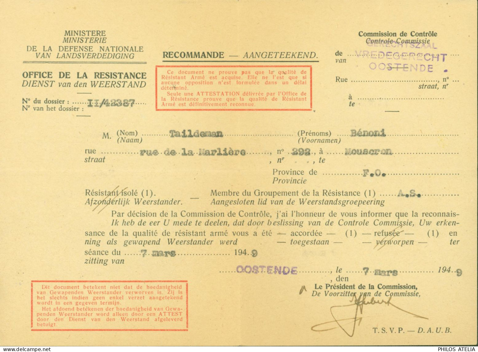 Guerre 40 Ministère Défense Nationale Office De La Résistance Commission Contrôle Oostende Reconnaissance M TAILDEMAN - WW II (Covers & Documents)