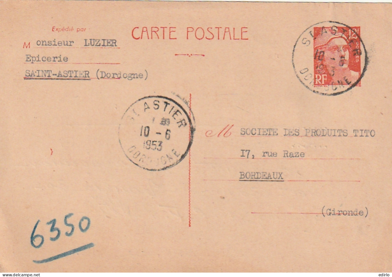 ///    FRANCE  ///  Entier Postal 813cp1  --- Gandon Recommandé -  Saint Astier Dordogne  - 1945-54 Marianna Di Gandon
