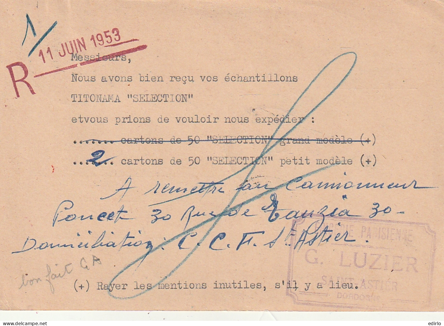 ///    FRANCE  ///  Entier Postal 813cp1  --- Gandon Recommandé -  Saint Astier Dordogne  - 1945-54 Marianne (Gandon)