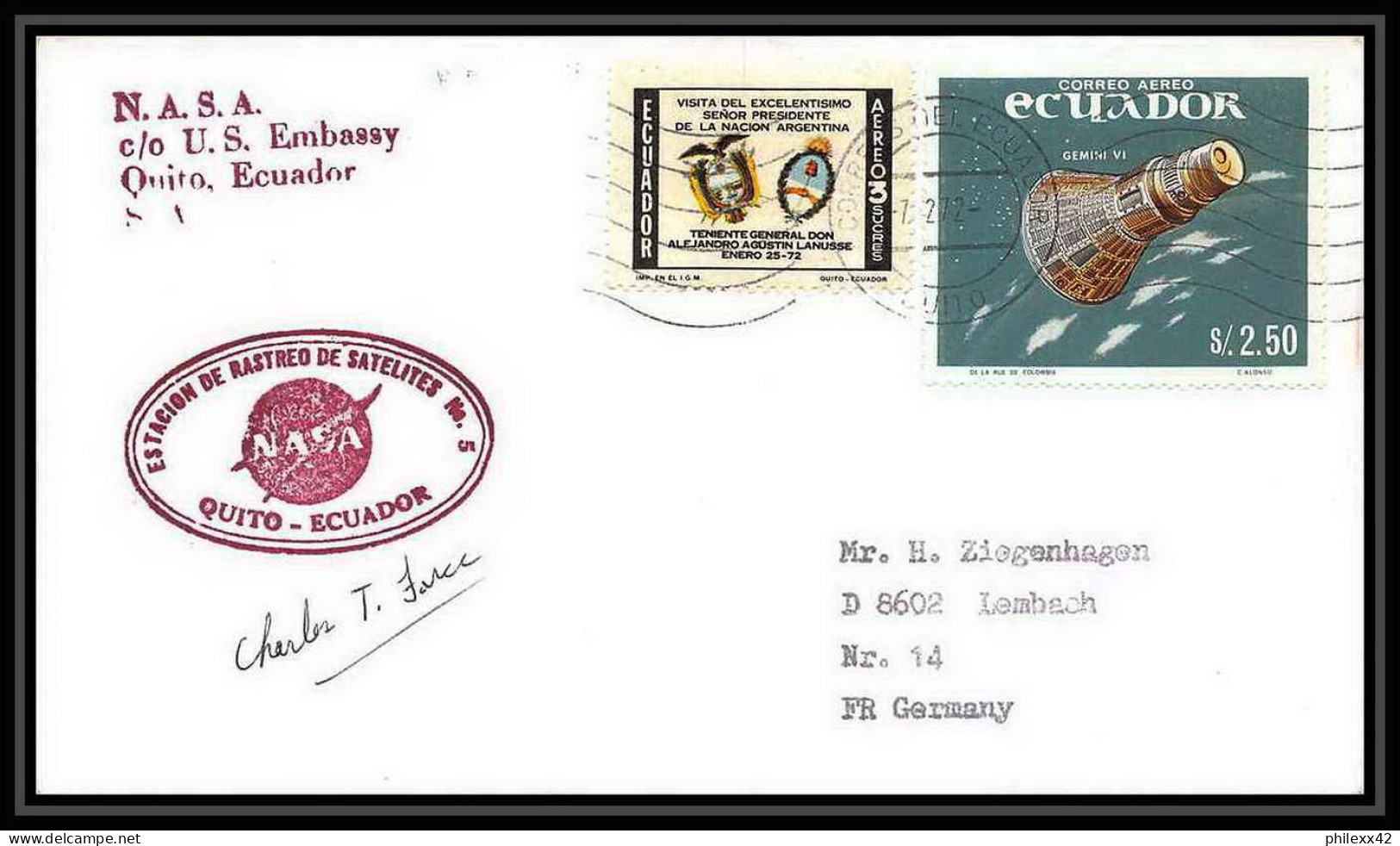 6617/ Espace (space) Lettre (cover) Signé (signed Autograph) 7/12/1972 Apollo 17 Equateur (ecuador)  - América Del Sur