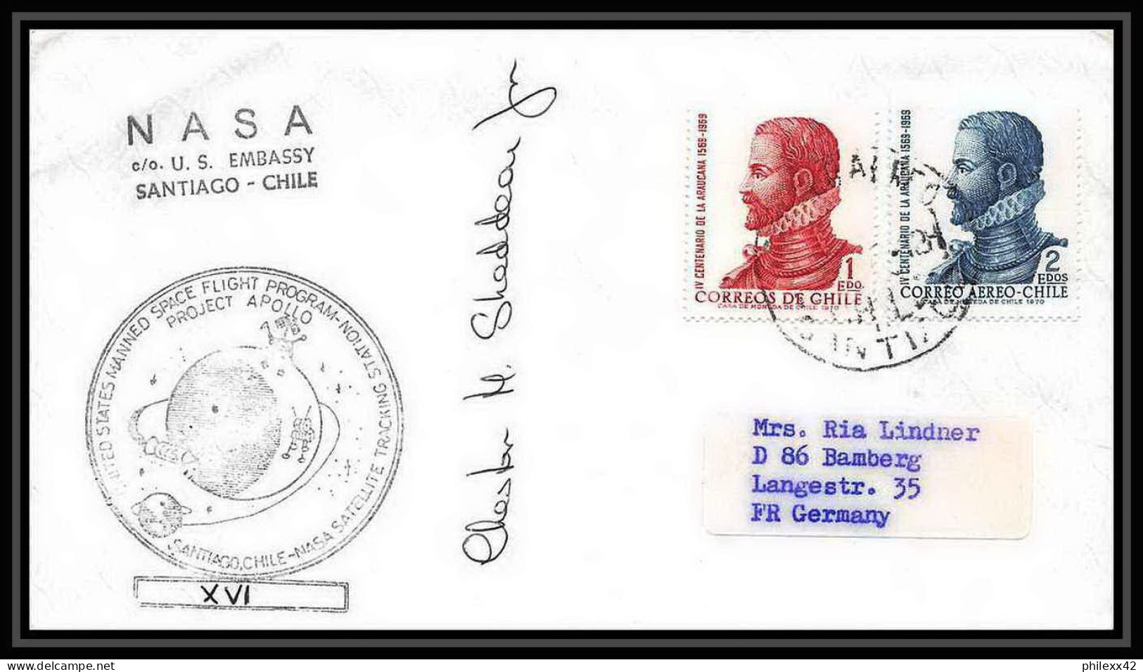 6619/ Espace (space) Lettre (cover) Signé (signed Autograph) 16/4/1972 Apollo 16 Chili (chile) - Südamerika