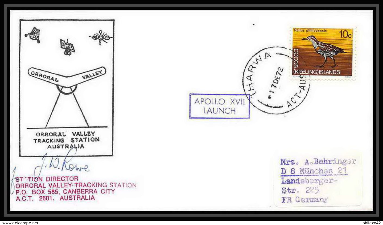 6587/ Espace (space) Lettre (cover) Signé (signed Autograph) 17/12/1972 Apollo 17 Launch Cocos Island - Oceania