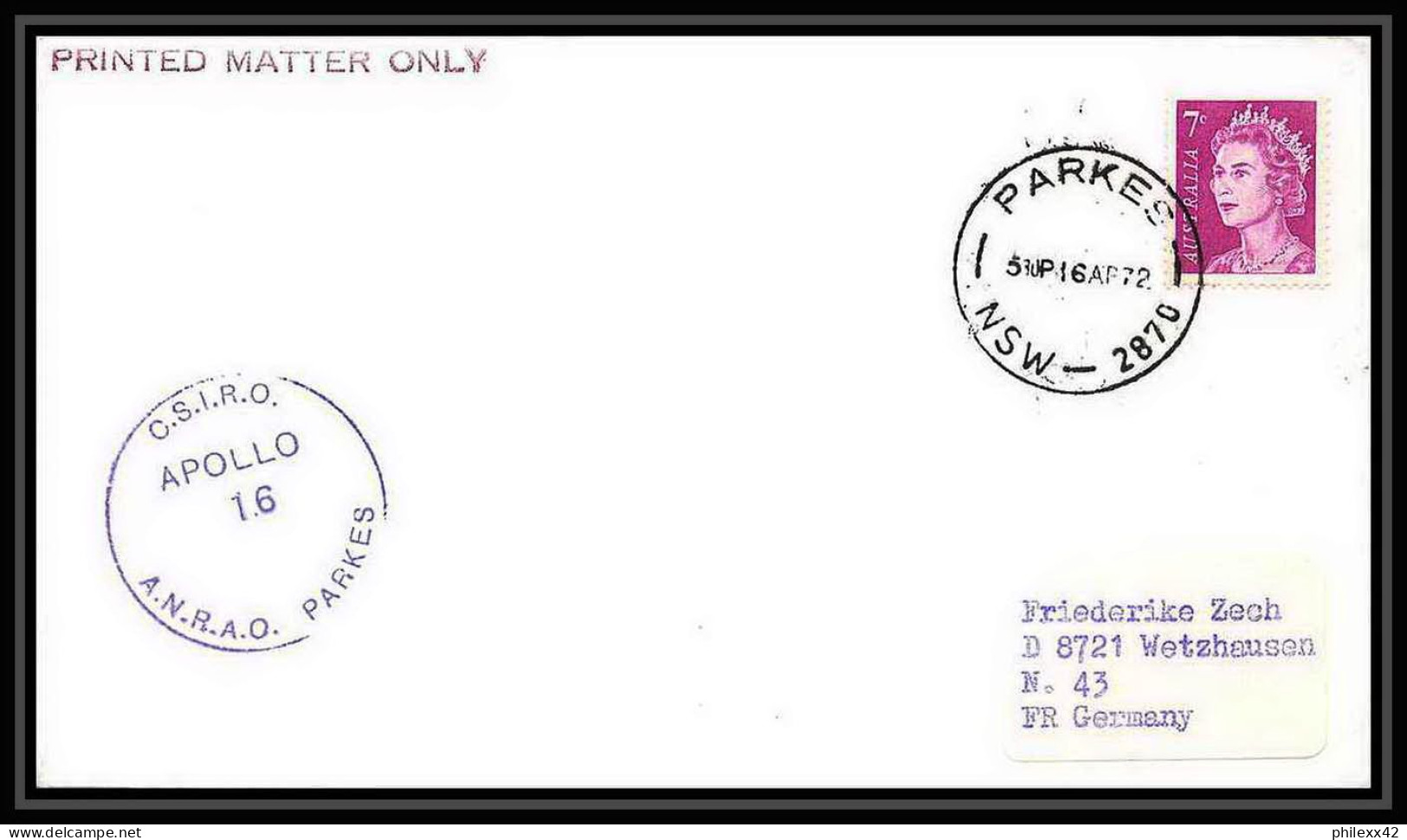 6452/ Espace (space Raumfahrt) Lettre (cover) 16/4/1972 Start Apollo 16 Parkes Australie (australia)  - Ozeanien