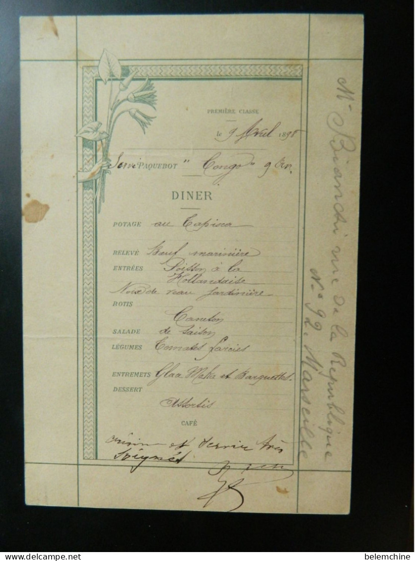 SUPERBE MENU  DU PAQUEBOT CONGO  COMPAGNIE DES MESSAGERIES MARITIMES DU 9 AVRIL 1898 - Menus