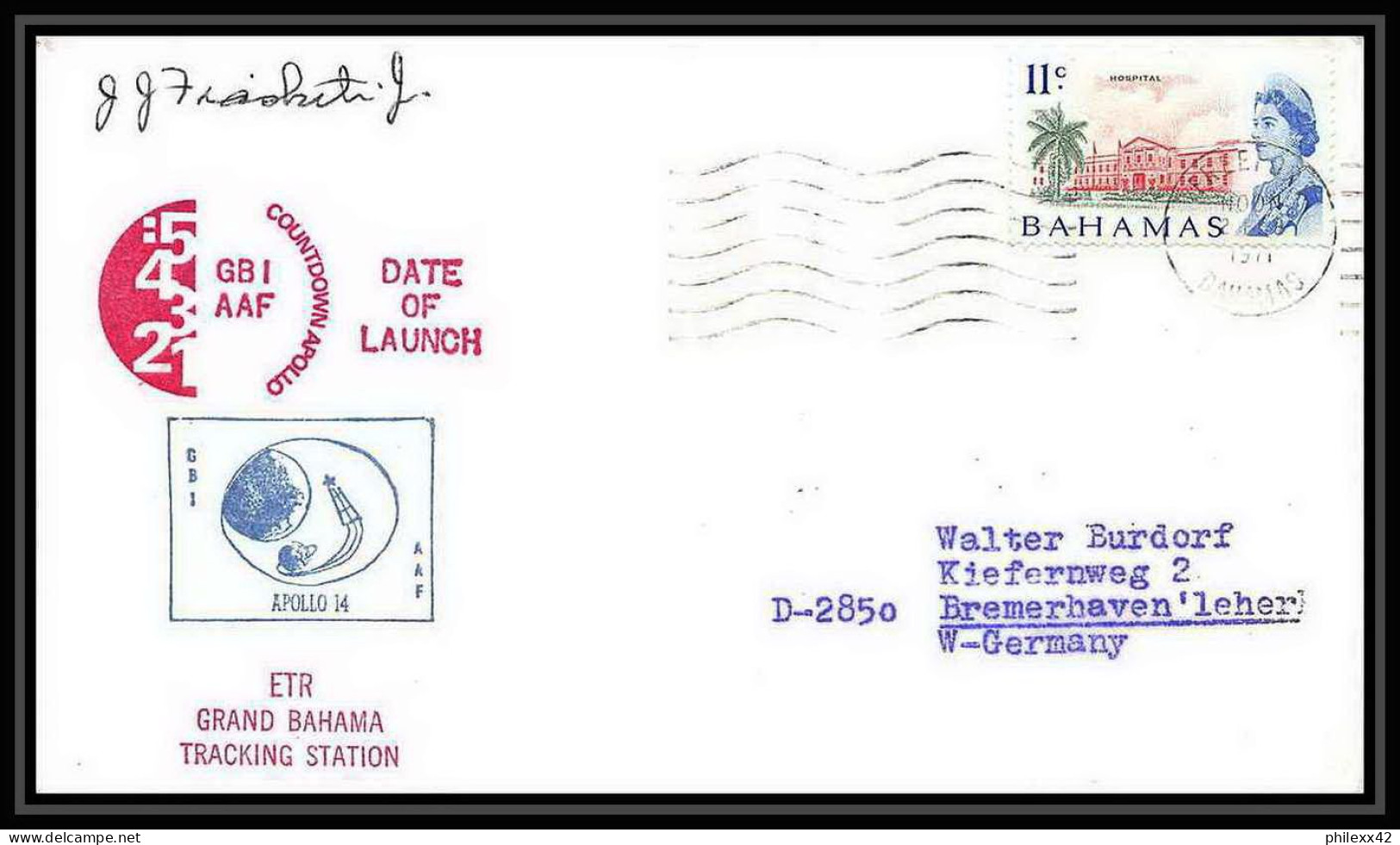 6176/ Espace (space) Lettre (cover) 1971 Signé (signed Autograph) Grand Bahama Apollo 14 Launch Bahamas - América Del Sur