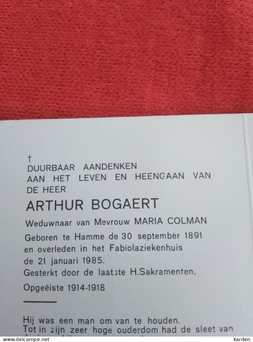 Doodsprentje Arthur Bogaert / Hamme 30/9/1891 - 21/1/1985 ( Maria Colman ) - Religion &  Esoterik