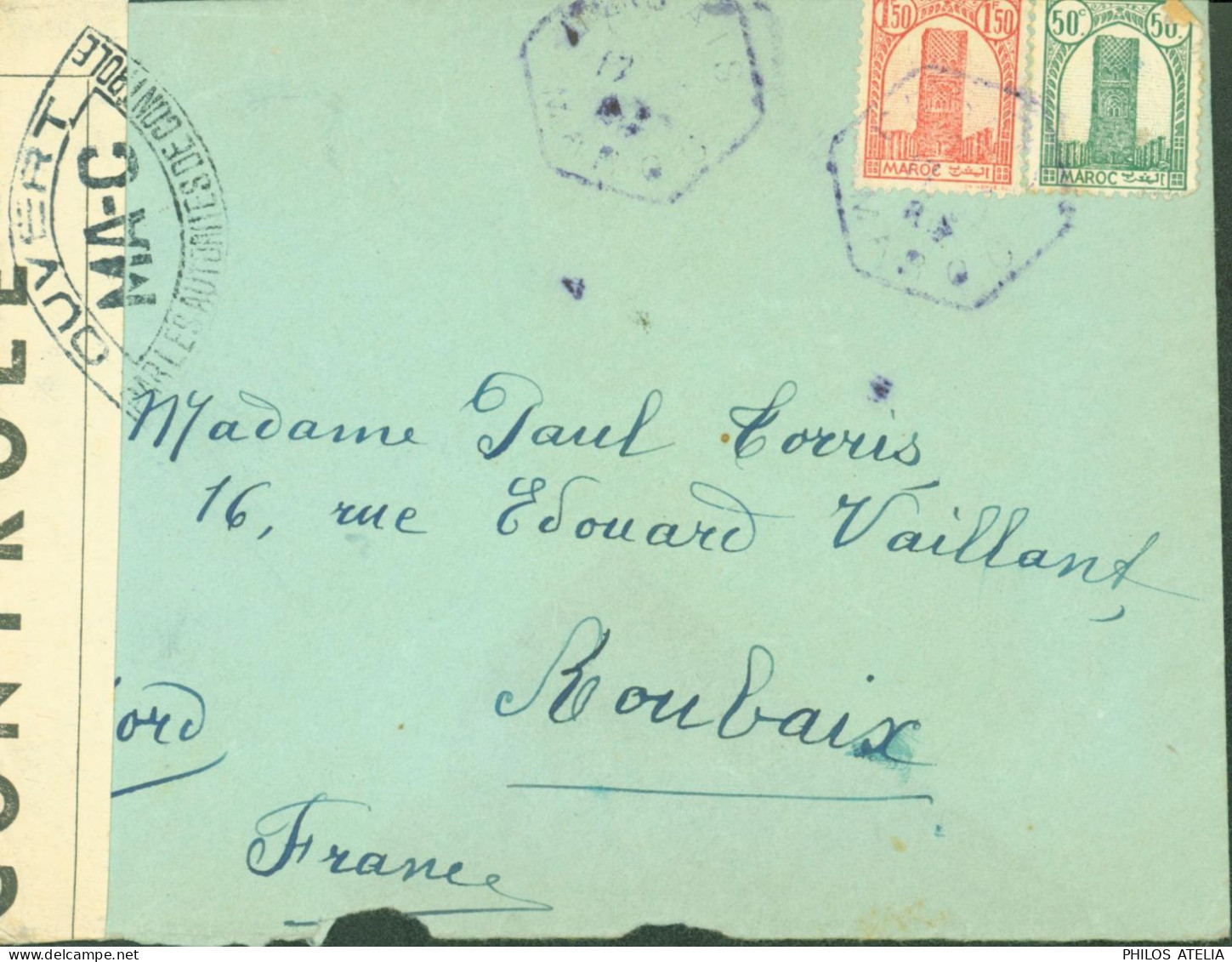 Guerre 40 Maroc YT Maroc N°207 213 CAD Violet Hexagonal Fez Censure Bande + Cachet MA-C = Fez - Lettres & Documents