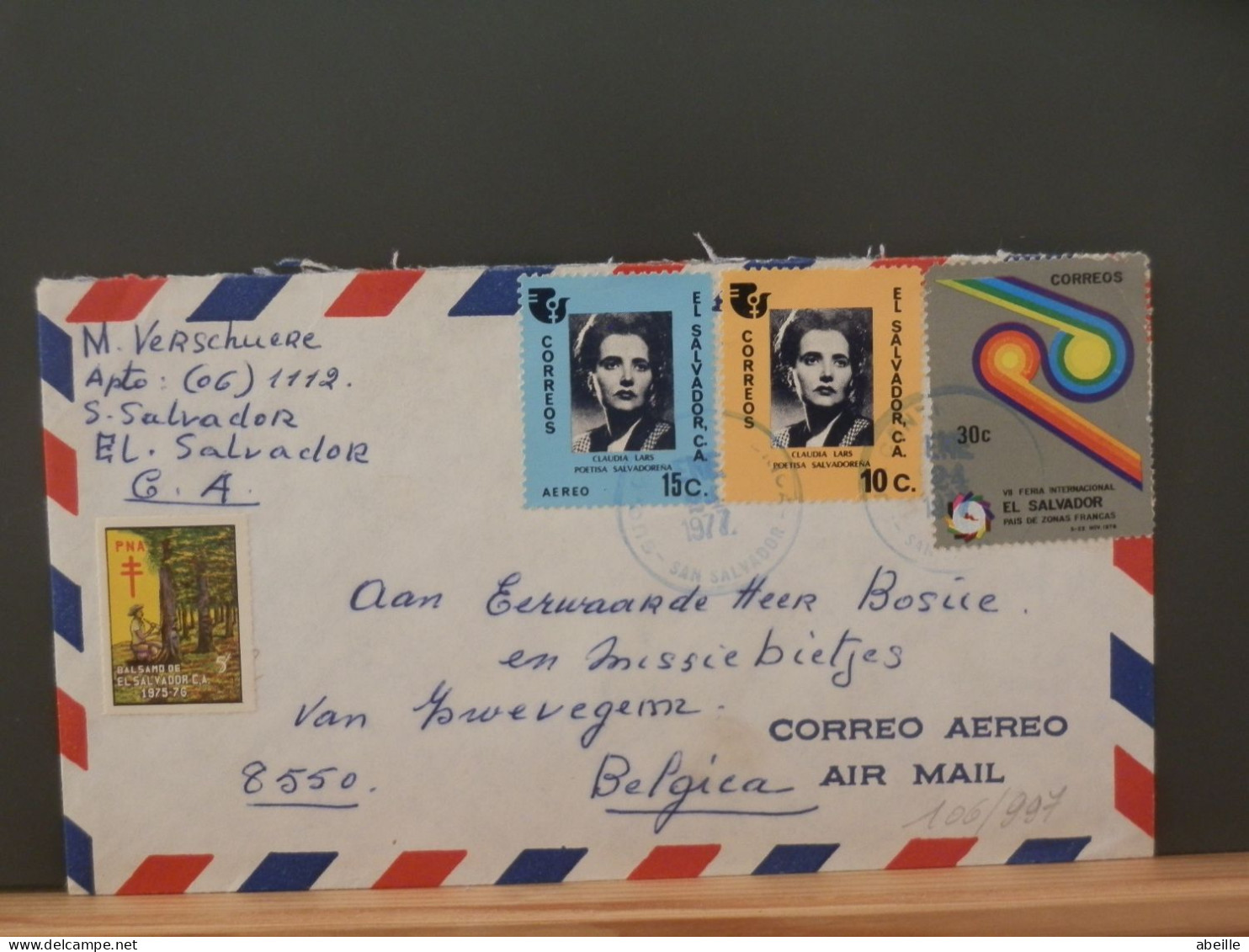 106/997  LETTRE EL SALVADOR POUR LA BELG. 1977 - Salvador