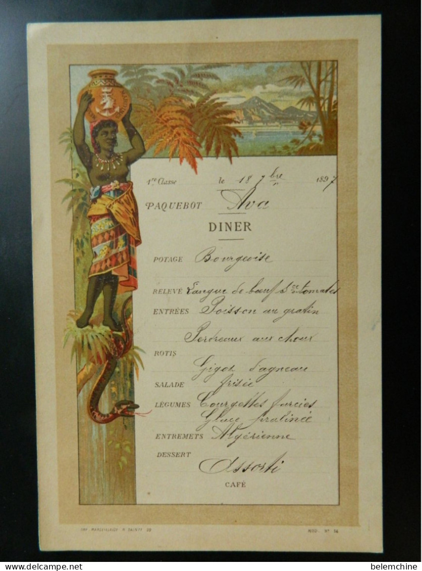 SUPERBE MENU  DU PAQUEBOT AVA  COMPAGNIE DES MESSAGERIES MARITIMES DU 18 SEPTEMBRE 1897 - Menus