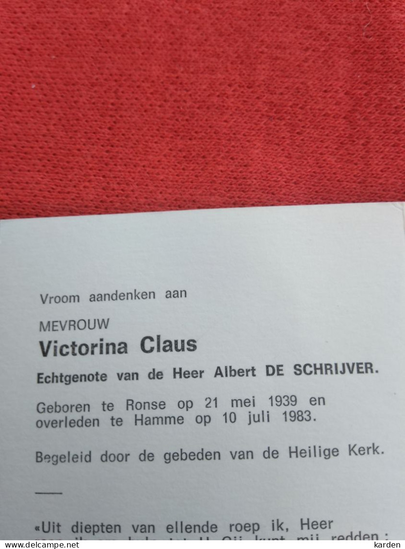 Doodsprentje Victorina Claus / Ronse 21/5/1939 Hamme 10/7/1983 ( Albert De Schrijver ) - Religion &  Esoterik