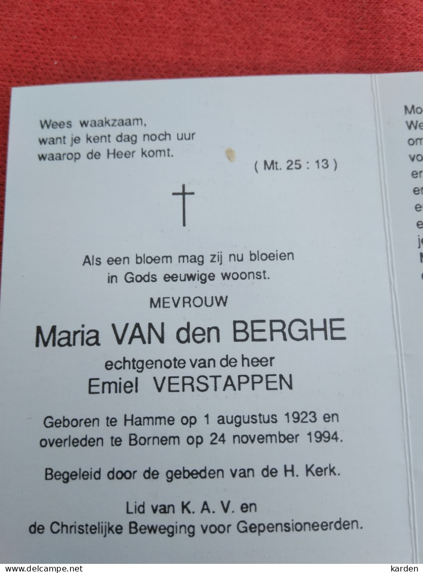 Doodsprentje Maria Van Den Berghe / Hamme 1/8/1923 Bornem 24/11/1994 ( Emiel Verstappen ) - Religion &  Esoterik