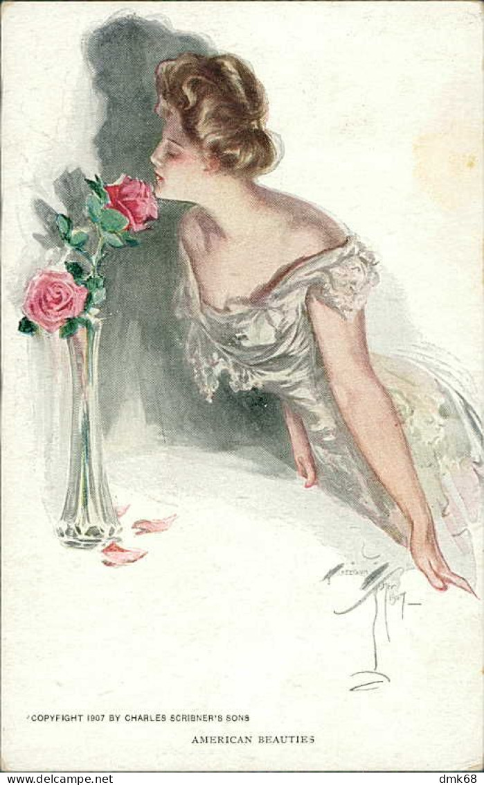 HARRISON FISHER SIGNED 1907 POSTCARD - WOMAN & FLOWERS - AMERICAN BEAUTIES - PUB BY . CHARLES SCRIBNER'S SON (5476) - Fisher, Harrison