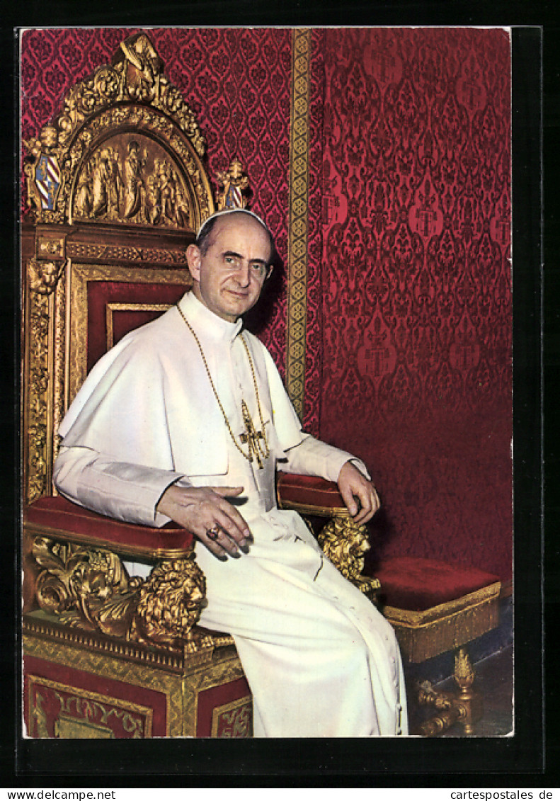 AK Papst Paul VI. In Seiner Soutane Mit Goldenem Kreuzanhänger Auf Dem Heiligen Stuhl  - Popes