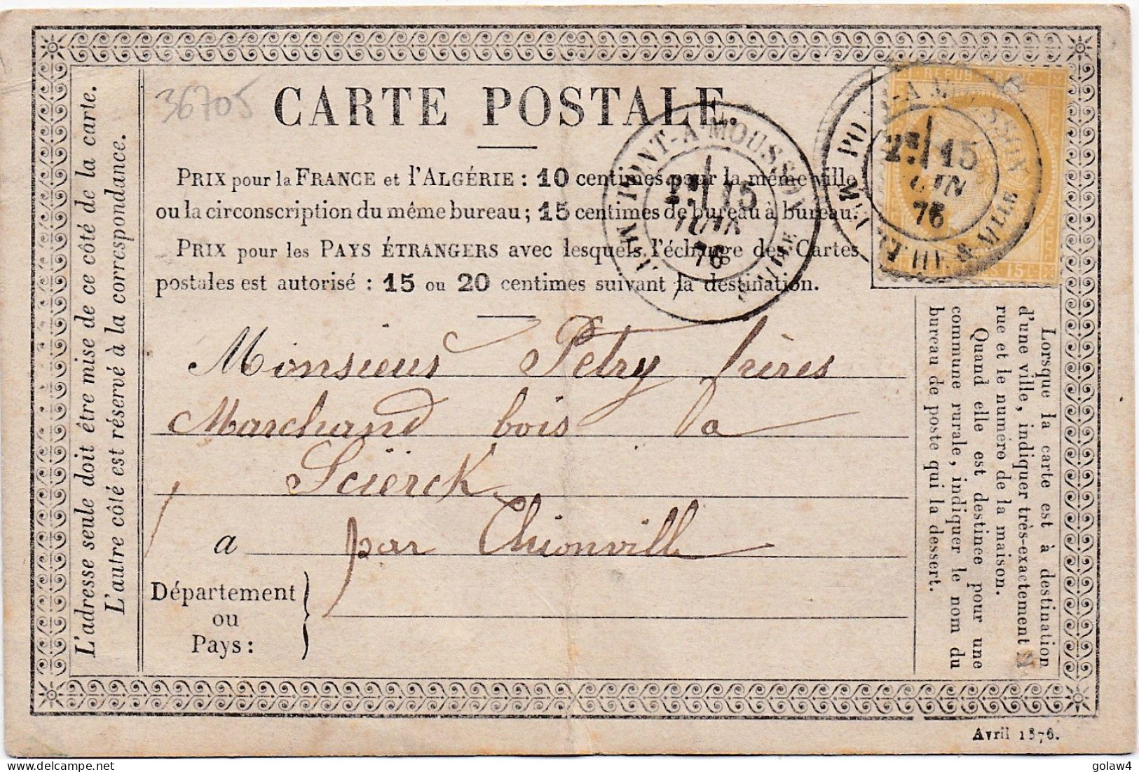 36705# CERES CARTE PRECURSEUR Obl PONT A MOUSSON MEURTHE ET MOSELLE 1876 T18 Pour SIERCK Par THIONVILLE MOSELLE - Vorläufer