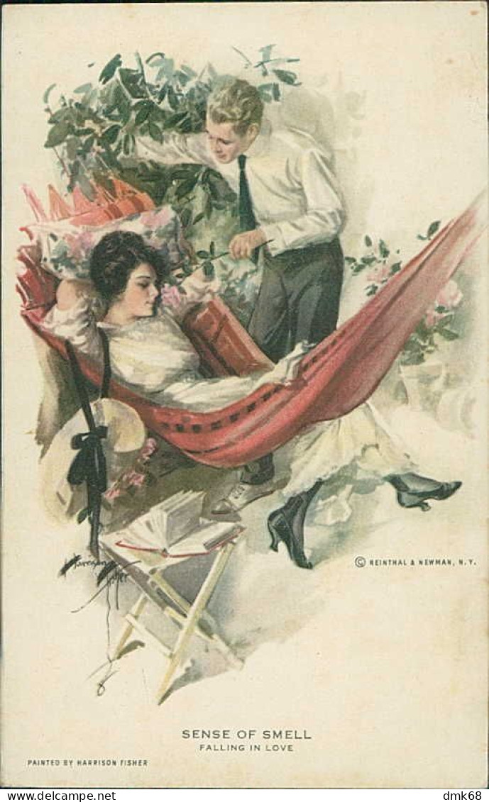 HARRISON FISHER SIGNED 1907 POSTCARD - COUPLE - SENSE OF SMELL - PUB BY . REINTHAL & NEWMAN  -N.701  (5478) - Fisher, Harrison
