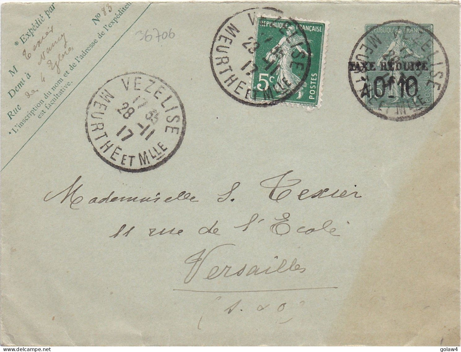 36706# SEMEUSE ENTIER POSTAL ENVELOPPE TAXE REDUITE Obl VEZELISE MEURTHE ET MOSELLE 1917 - Enveloppes Types Et TSC (avant 1995)